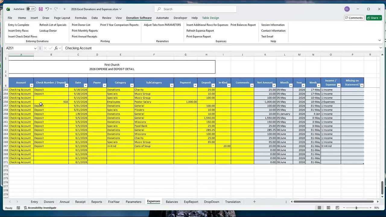Demonstration of 2026 Donations Software-Tracking Expenses & Printing Inc/Exp and Balances Reports