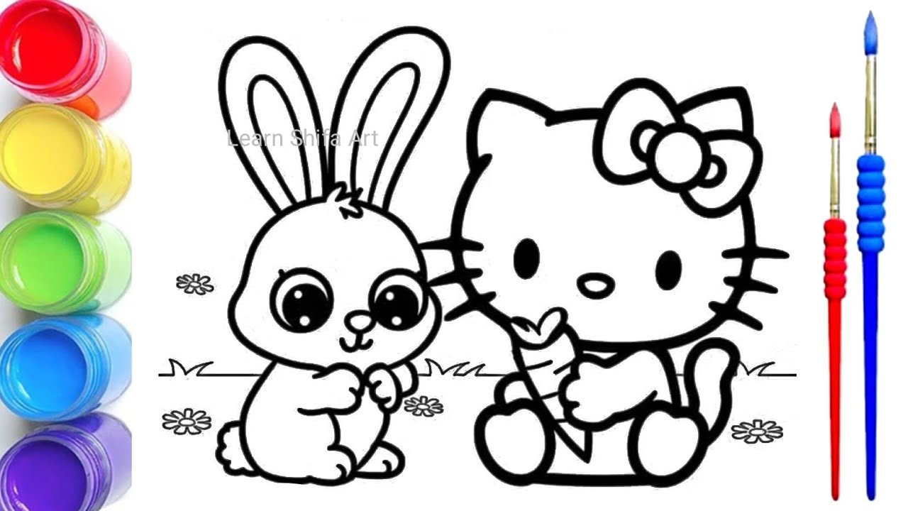 Cute & Easy Hello Kitty and Bunny 🐰 🐇 Eating Carrot 🥕 🥕 🥕 Drawing 🐱👑 | Step-by-Step Guide for Kids