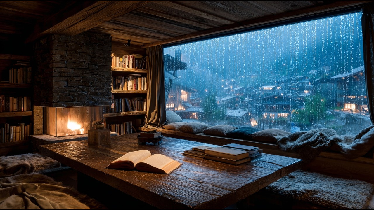Cozy Night Ambience: Heavy Rain + Fireplace  | 8H Deep Sleep & Focus