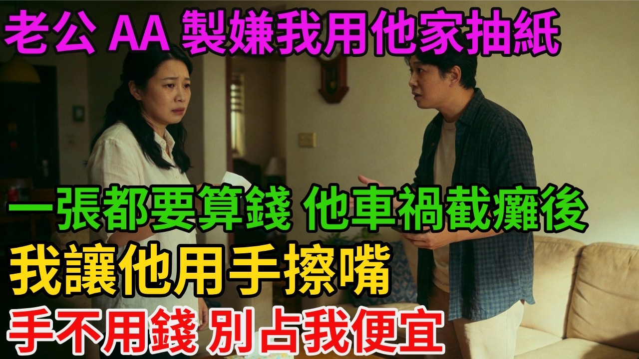 老公 AA 製嫌我用他家抽紙，一張都要算錢，他車禍截癱後，我讓他用手擦嘴：「手不用錢，別占我便宜！」【阿馨夜讀】#故事分享#情感#婆媳矛盾#AA制