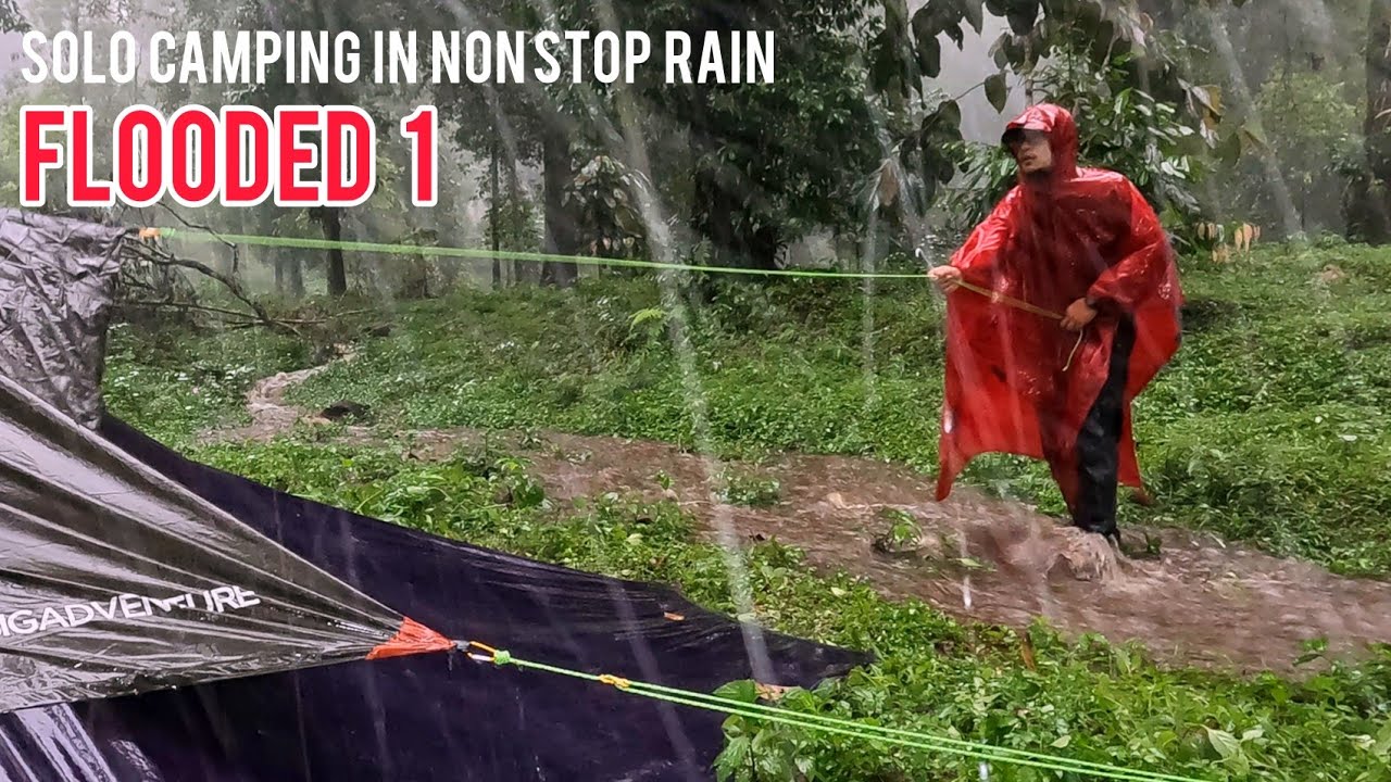 SOLO CAMPING HEAVY RAIN - NON STOP RAIN - FLOOD BEHIND THE SHELTER - ASMR