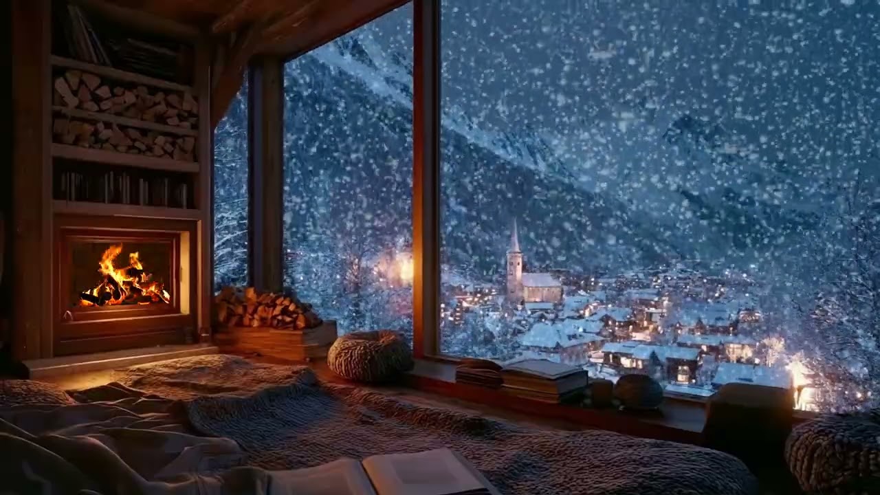 Calm Winter Cabin Night ❄️ | Cozy Fireplace Sounds & Falling Snow for Relaxation and Focus