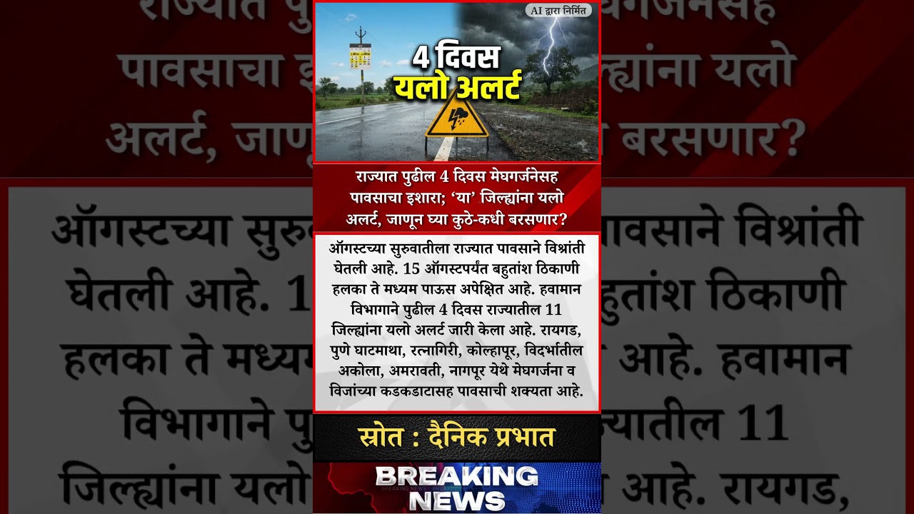 राज्यात पुढील 4 दिवस मेघगर्जनेसह पावसाचा इशारा; &lsquo;या&rsquo; जिल्ह्यांना यलो अलर्ट, जाणून घ्या कुठे-कधी