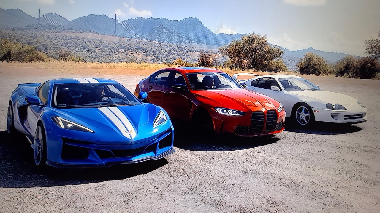 Forza Horizon 5 drag race Corvette C8 e-ray Vs BMW M3 Sedan vs Toyota Supra MK4