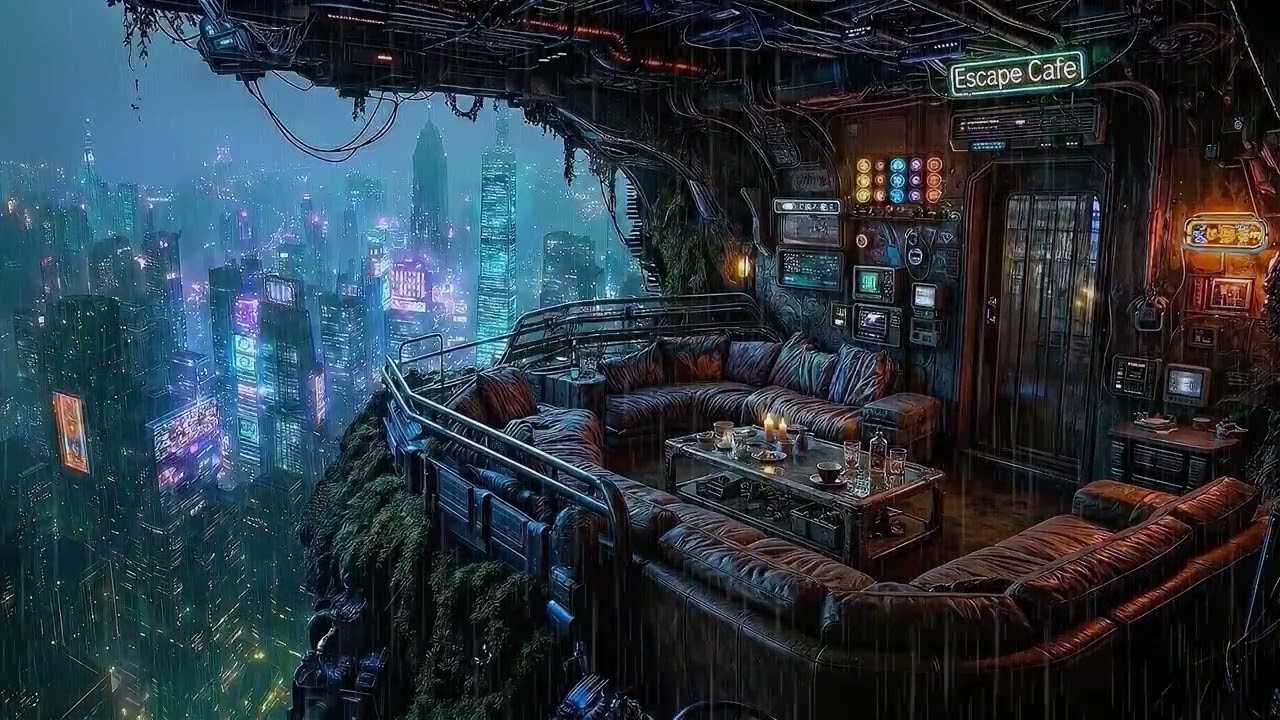 Cozy Neon Cafe in the Rain 🌧️ Soft Rain Sounds & Deep Ambient Drone for Sleep & Study