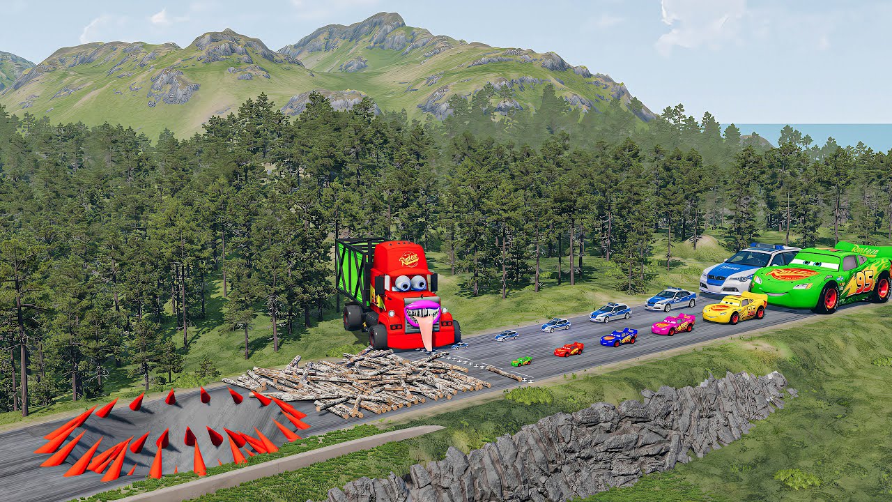 Big & Small McQueen & Police Car vs Zombie Mack, Giant spikes & Log Downhill Race – BeamNG.drive
