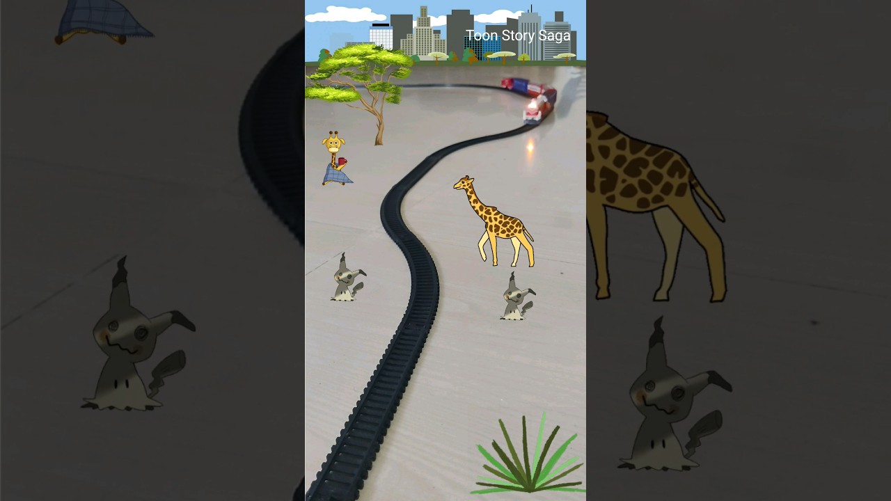 Giraffe is running near the railway track, Pikachu is simply sitting and train approaching fast USA