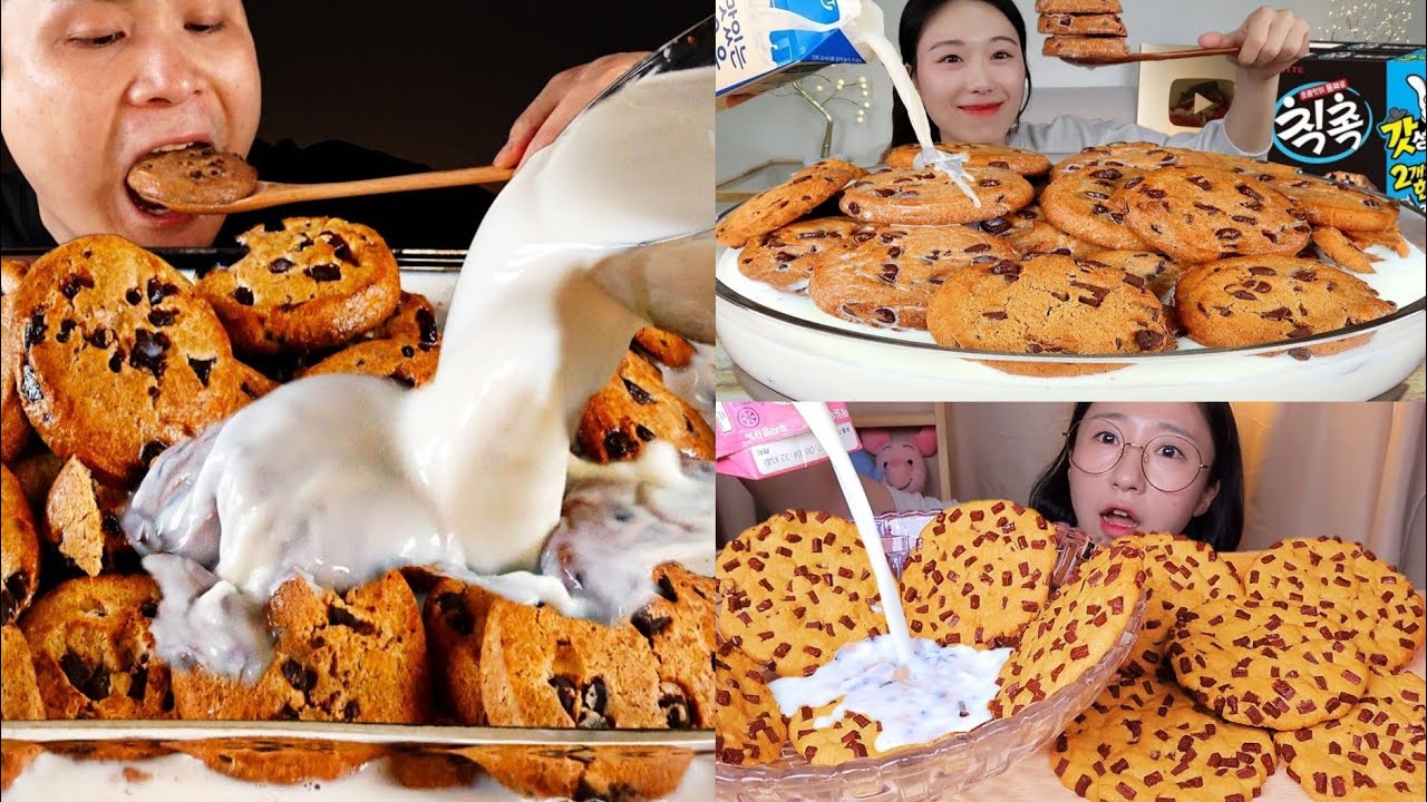 Giant chocolate chip cookies soaked in milk mukbang