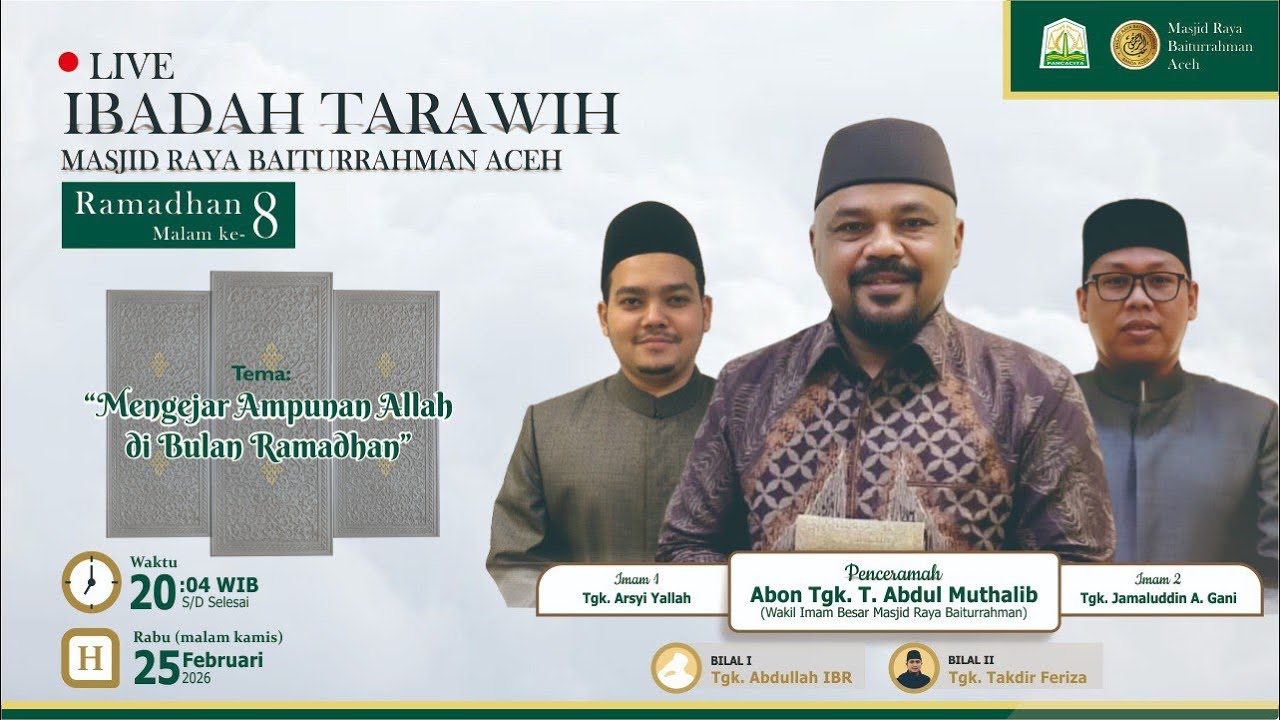 Live Ibadah Tarawih | Masjid Raya Baiturrahman Aceh | Ramadhan Ke-8 | Abon. H. Abdul Muthalib