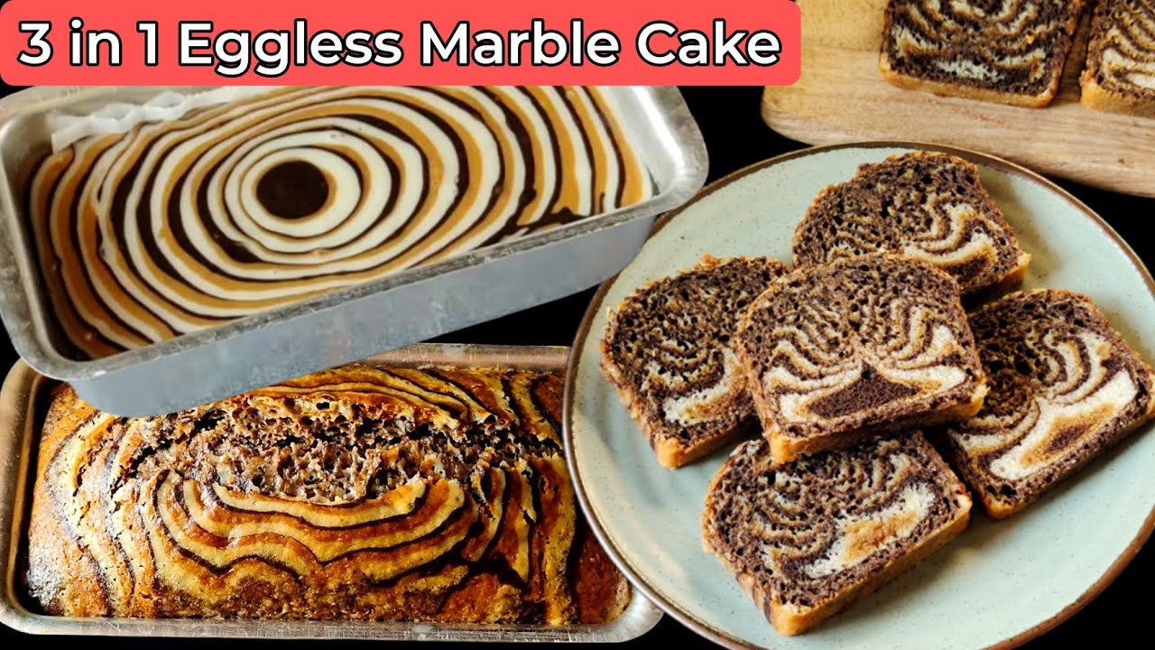 Easy 3 in 1 Eggless Marble Cake | Marble Cake With 3 Flavors | Soft Moist Cake Without Oven
