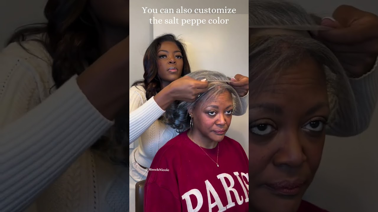Gorgeous Mom with this gorgeous salt pepper pixie human hair wig!#soulladywigs #saltandpepperwig