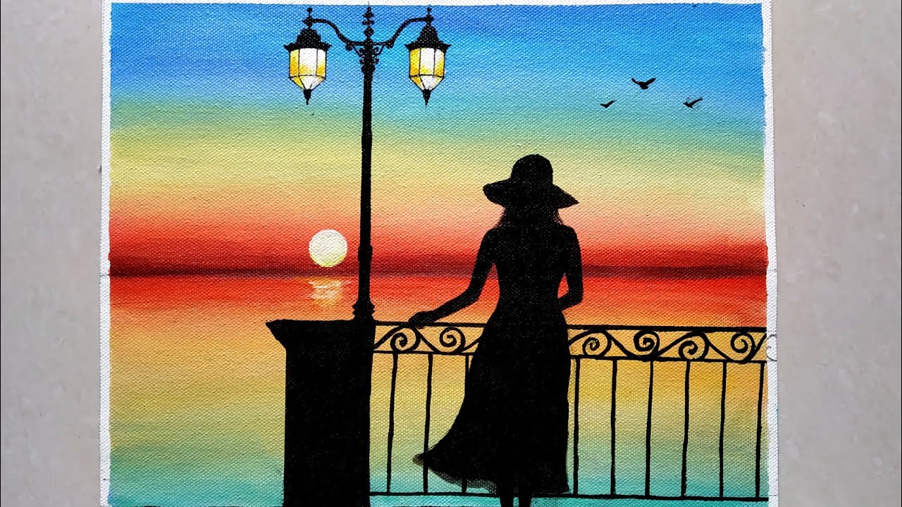 A girl in a Sunset Seascape Beach Landscape Painting tutorial/Hanging Lamp & Sad Girl Drawing /