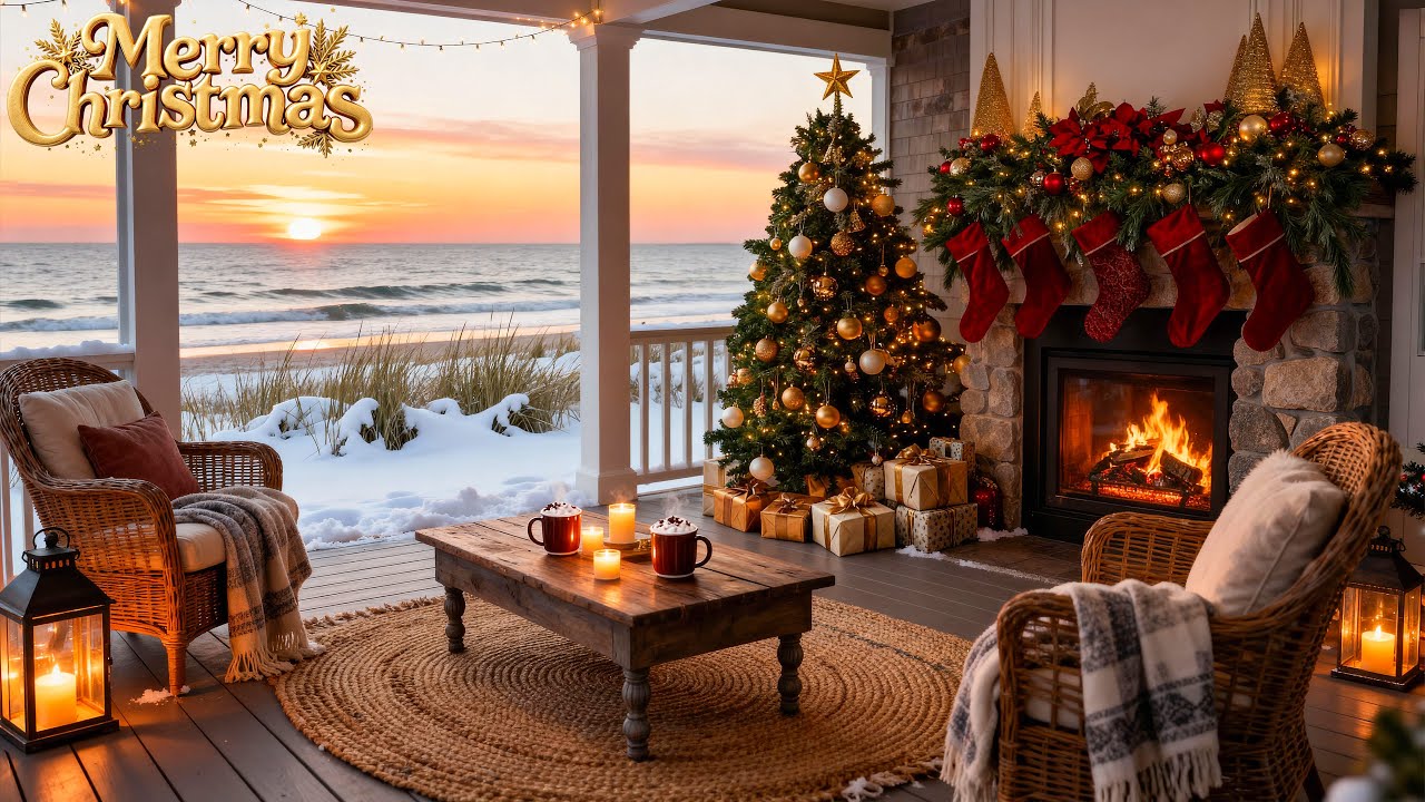 Winter Beach Christmas Ambience ❄🎁 Soft Christmas Piano with Cozy Fireplace & Ocean Sounds for Study