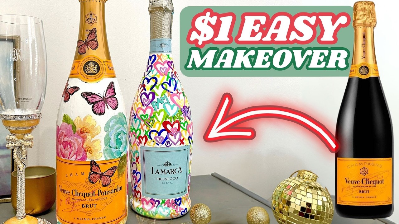 Decoupage a Champagne Bottle (or Wine Bottle) with $1 Napkins for a Special Gift Idea 🎨🍾
