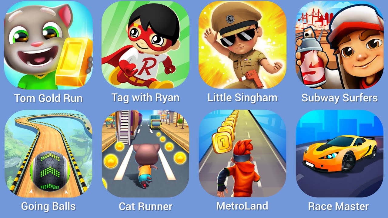 Tom Gold Run, Tag with Ryan, Little Singham, Subway Surfers, Going Balls, Cat Runner, MetroLand