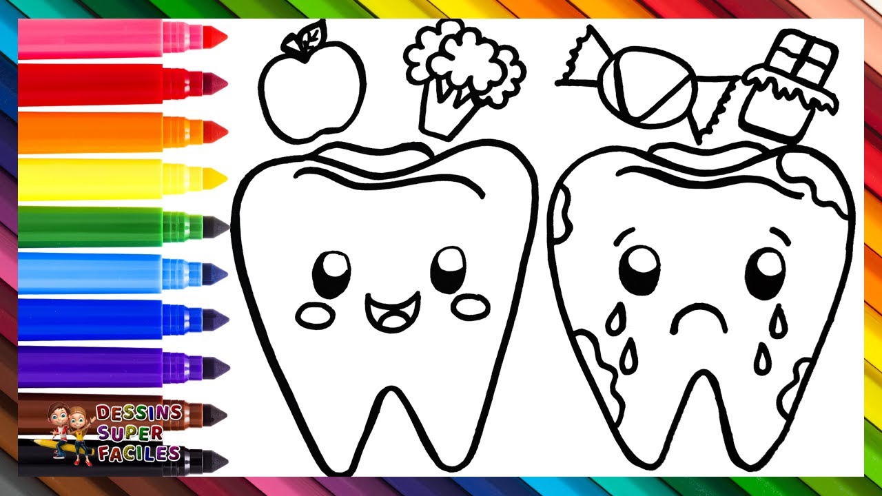 Dessiner et Colorier une Dent Heureuse et une Dent Triste 🦷😀🍎🥦🦷😢🍫🍬 Dessins pour Enfants