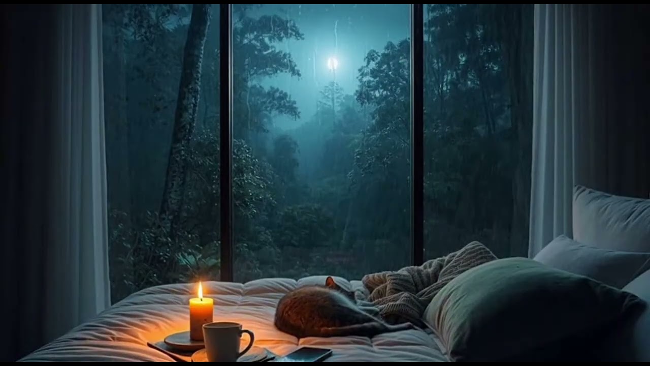 4k Cozy bedroom with rain and soothing music for relaxing , winding down, and sleeping