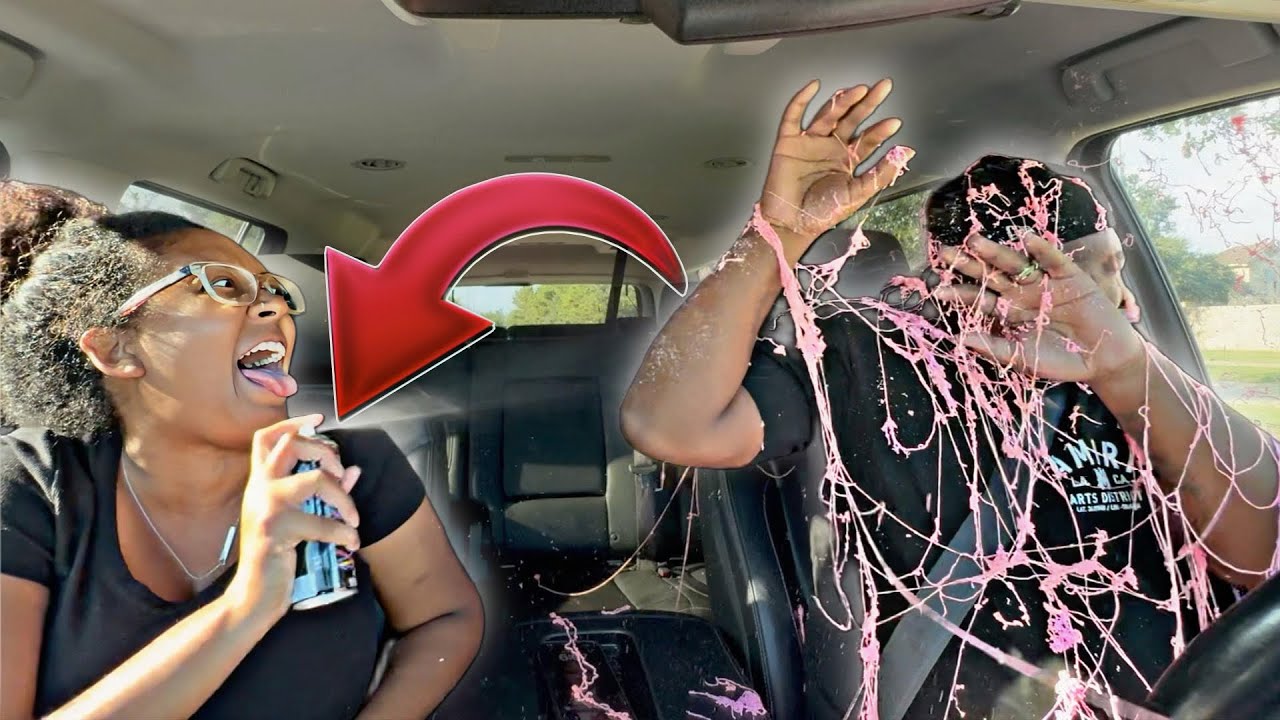 SPRAYING SILLY STRING ON MY HUSBAND WHILE HE DRIVE PRANK! (Bad idea)