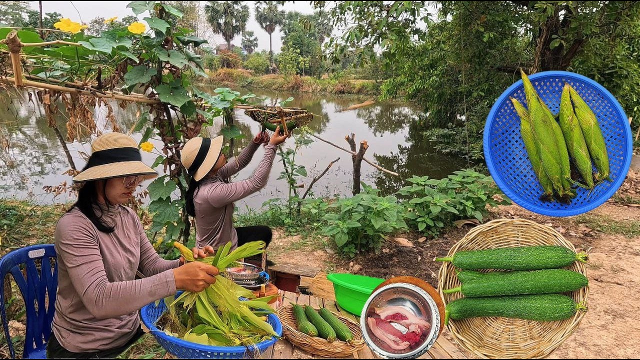 Stir-Fried Corn with Luffa & Pork | Countryside Cooking | Natural Sounds Only