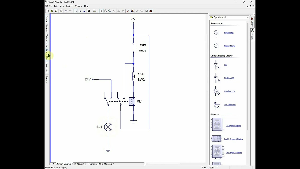 Latching relay (start - stop) Circuit Wizard simulation