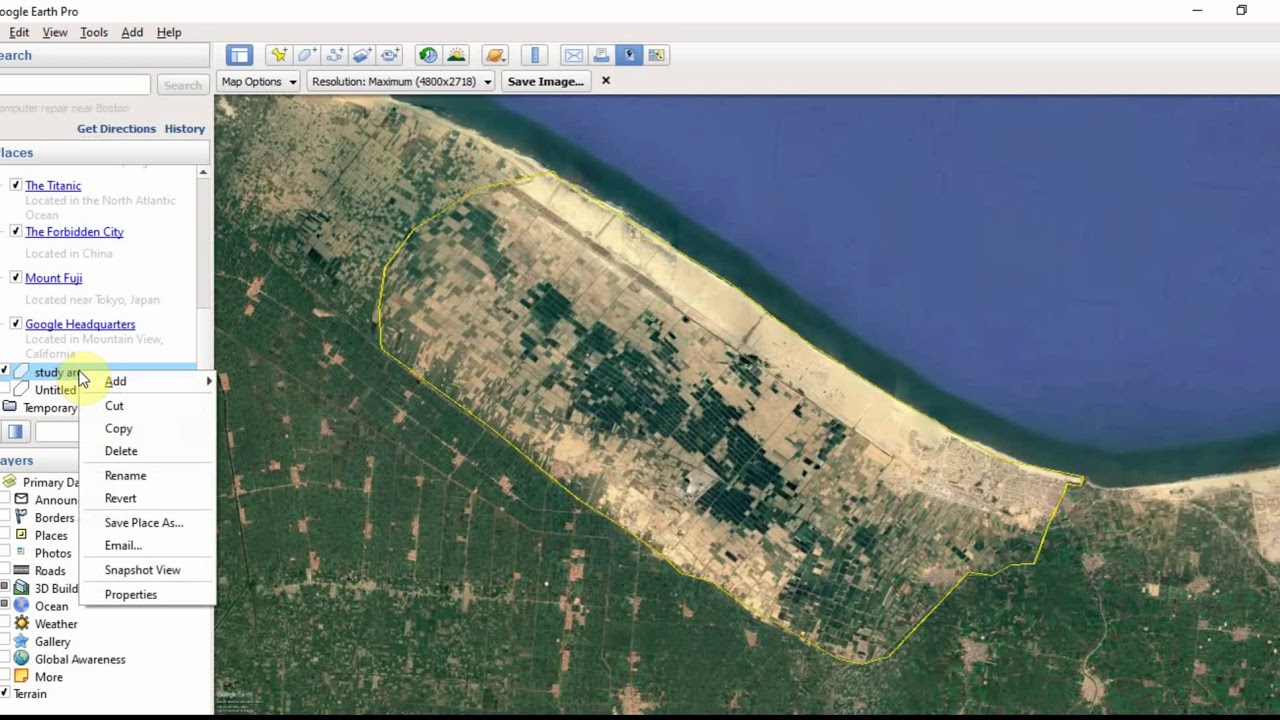 تحديد منطقة عمل على  Google Earth Pro وإضافتها على ArcMap مع إضافة الصور الجوية كخريطة أساس