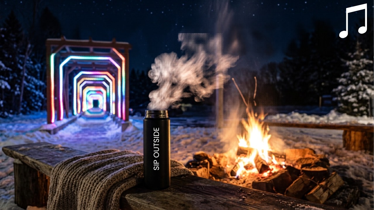 Enchanting Winter Night Walk: Peaceful Lights, Campfires & Soft Music for Stress Relief
