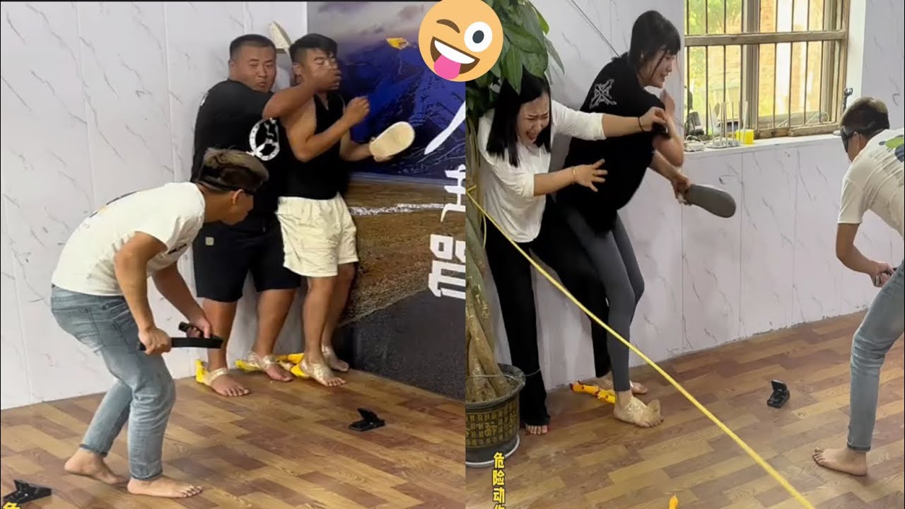 Screaming chicken blindfolded and beating people challenge!!Also girls😂