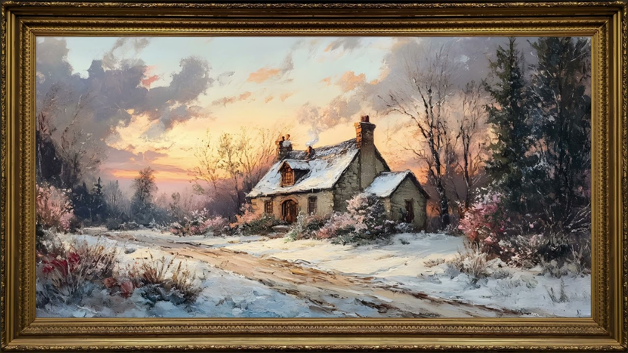 Cozy Winter Cottage, Vintage Impressionist Oil Painting 4K | Gold Framed Art Screensaver for TV