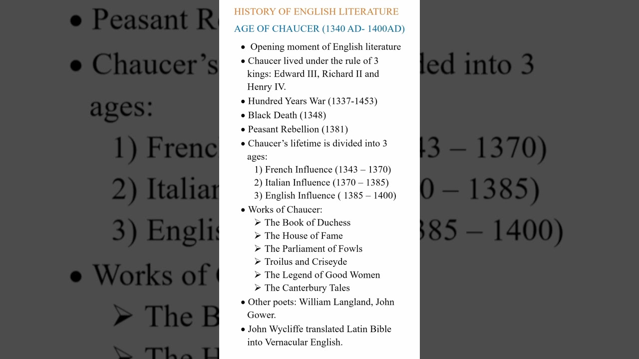 HISTORY OF ENGLISH LITERATURE: Key Points in THE AGE OF CHAUCER