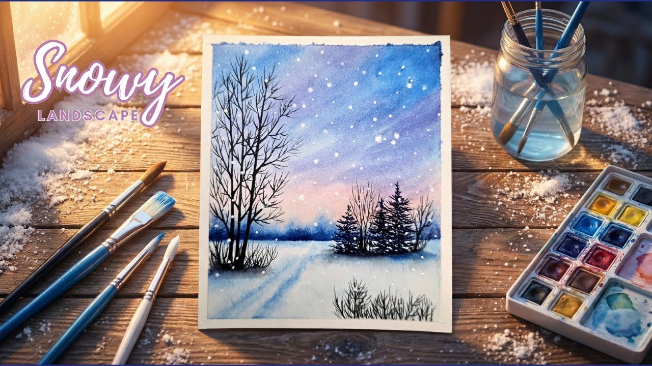 Easy winter painting with watercolors🎨/Christmas greeting card idea❄️