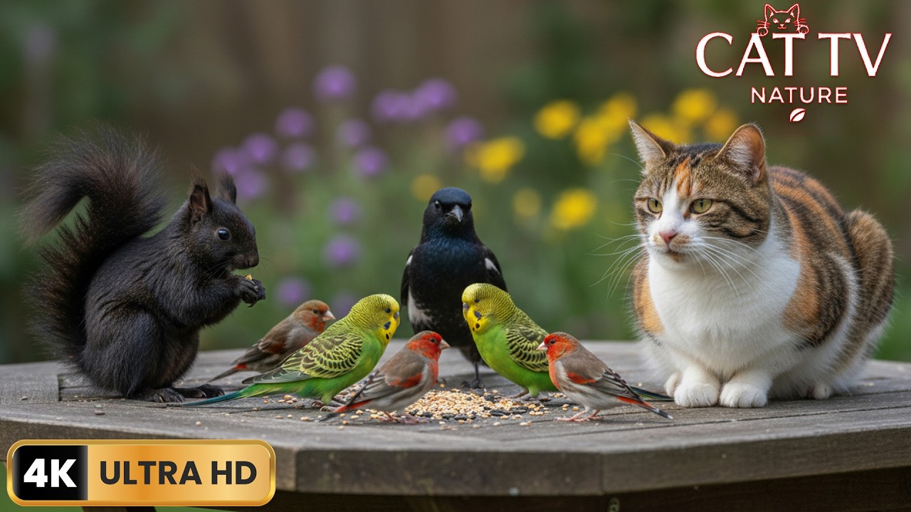 Cat TV For Cats To Watch 😸 Birds & Squirrels Eating On Wood 4K HDR | Cat TV Nature