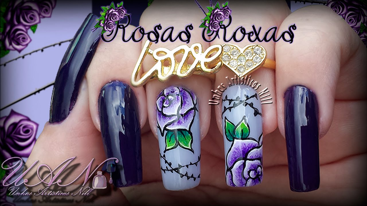Nail Art Rosas Roxas - Unhas Artísticas Nill