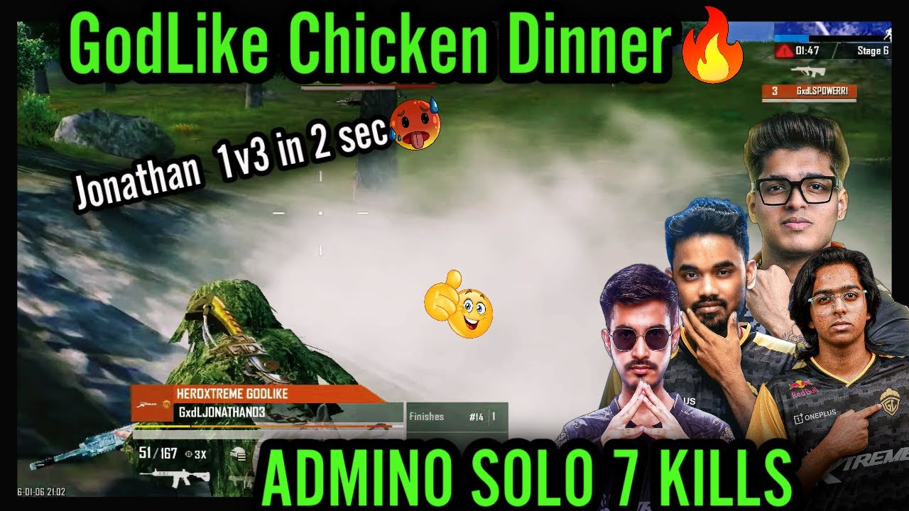 Jonathan 1v3 in 2 Sec🥵GodLike 15 Kills Chicken Dinner🔥Admino Solo 7 Kills