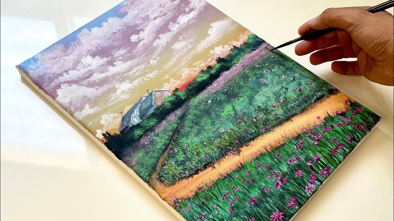 Рисуем дом и поле роз | Лёгкий урок акрилом