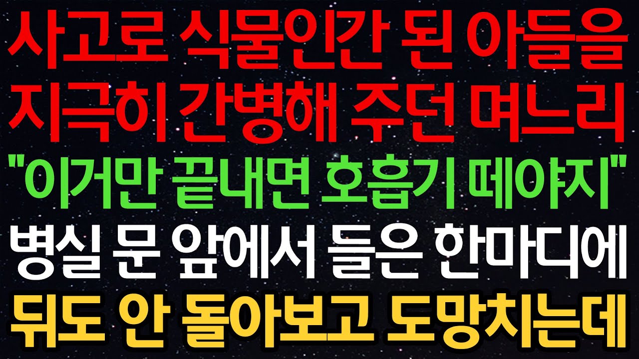 실화사연-사고로 식물인간 된 아들을 지극히 간병해 주던 며느리 “이거만 끝내면 호흡기 떼야지” 병실 문 앞에서 들은 한마디에 뒤도 안 돌아보고 도망치는데
