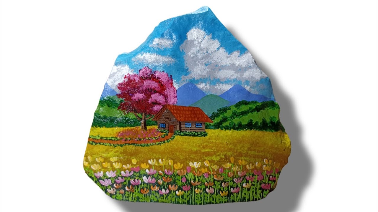 Pinté un paisaje de campo 🏞️ sobre una piedra con pinturas acrílicas 