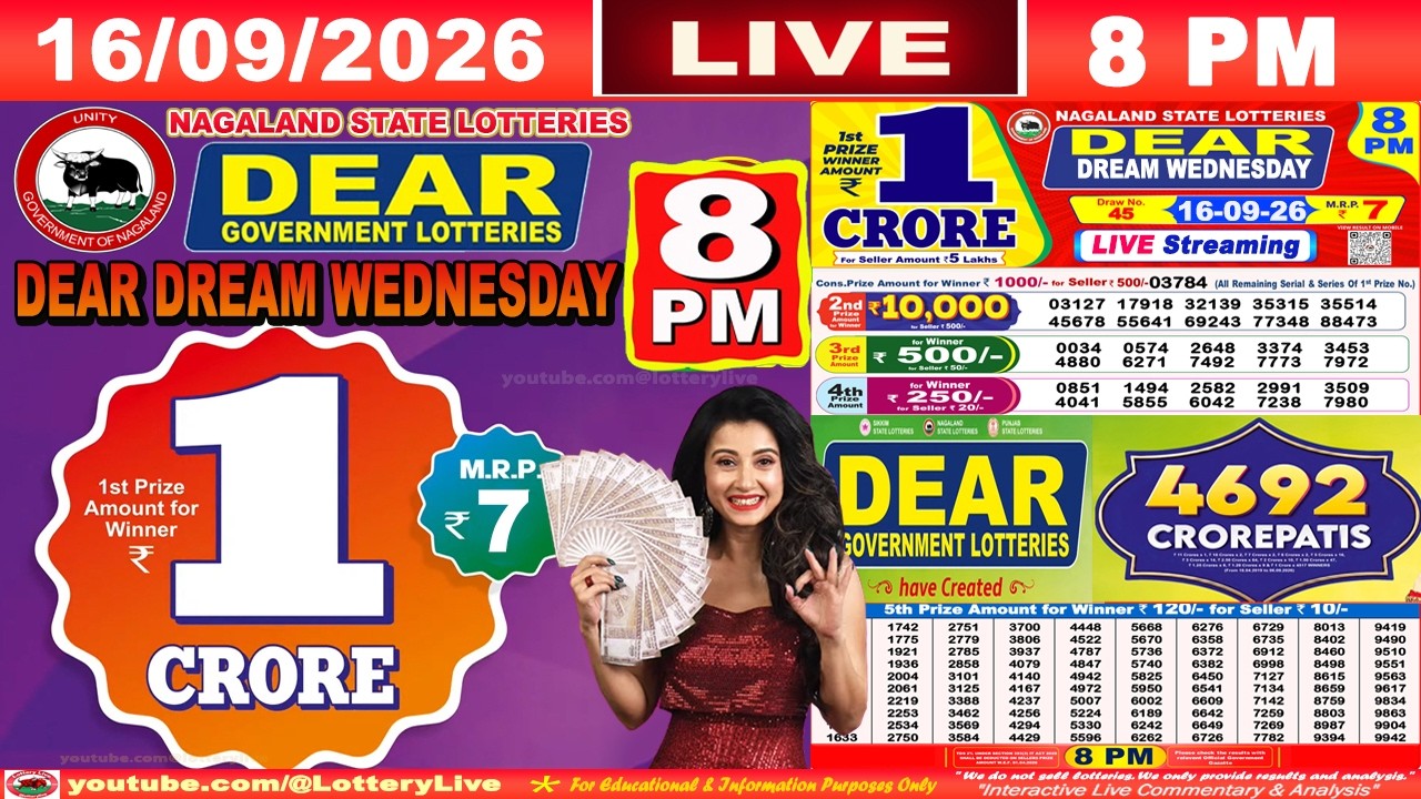 [LIVE] Lottery 8:00 PM Dear Nagaland state lottery live draw result 16.09.2026 | Lottery live