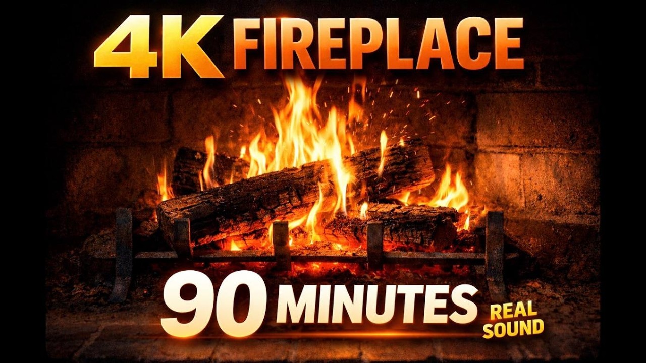 Cozy Fireplace 4K UHD (90 min) | Real Crackling Fire Sounds for Sleep, Study & Relax