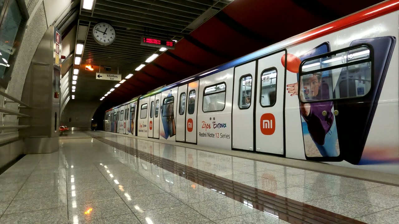 (4K) Athens Metro, Mitsubishi - Rotem EMU with Xiaomi Redmi 12 livery