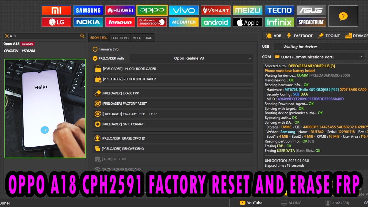 OPPO A18 CPH2591 HARD RESET ERASE FRP FORMAT FACTORY BYPASS GOOGLE ACCOUNT BY UNLOCK TOOL