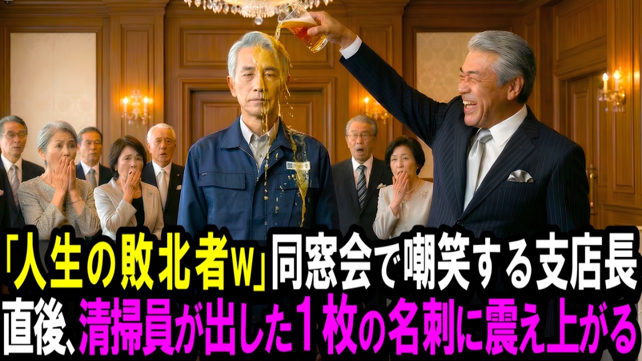 【スカッと】「人生の敗北者w」同窓会で嘲笑する支店長。直後、清掃員が出した１枚の名刺に震え上がる。【シニア】