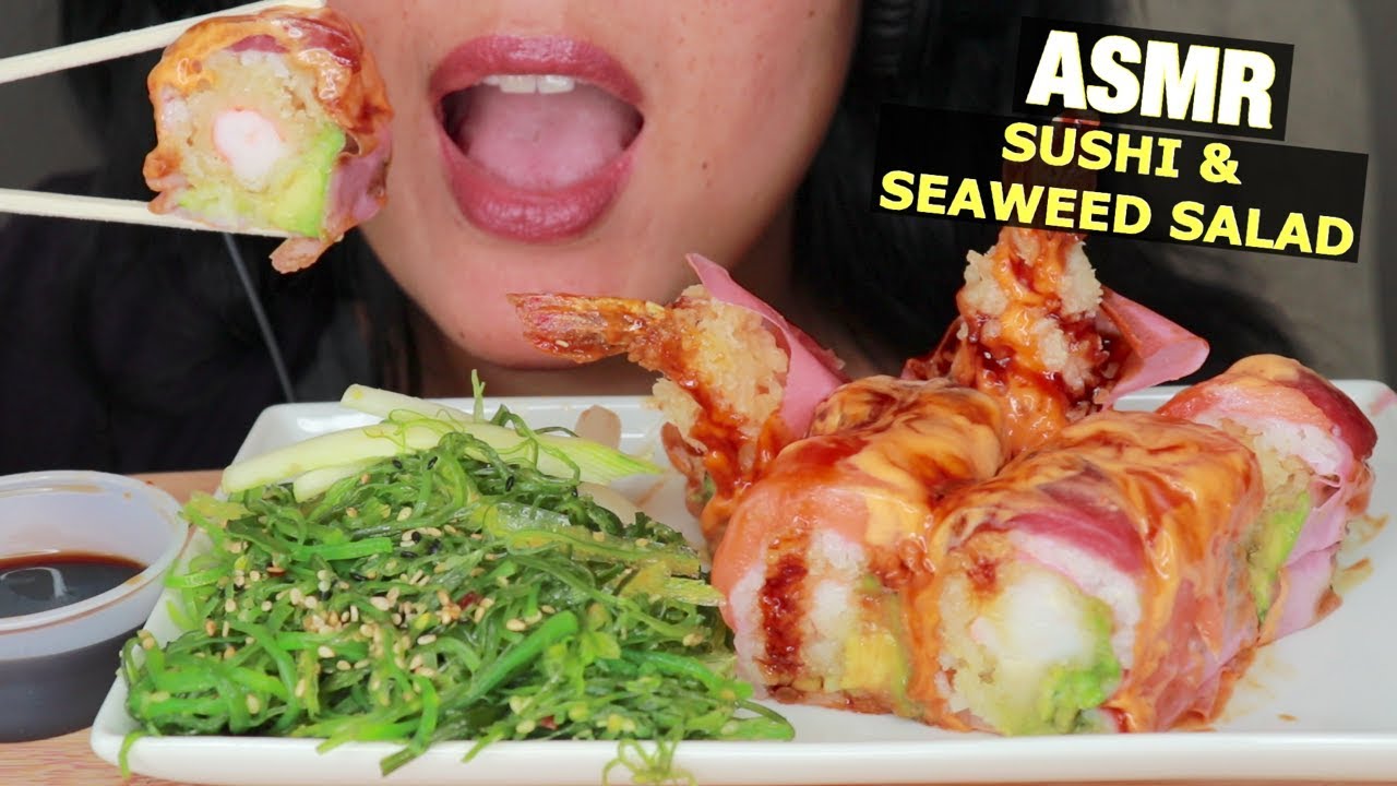 ASMR SPICY ANGEL SOYBEAN SUSHI ROLL & SEAWEED SALAD - MESSY SEAFOOD EATING SOUNDS - NO TALKING