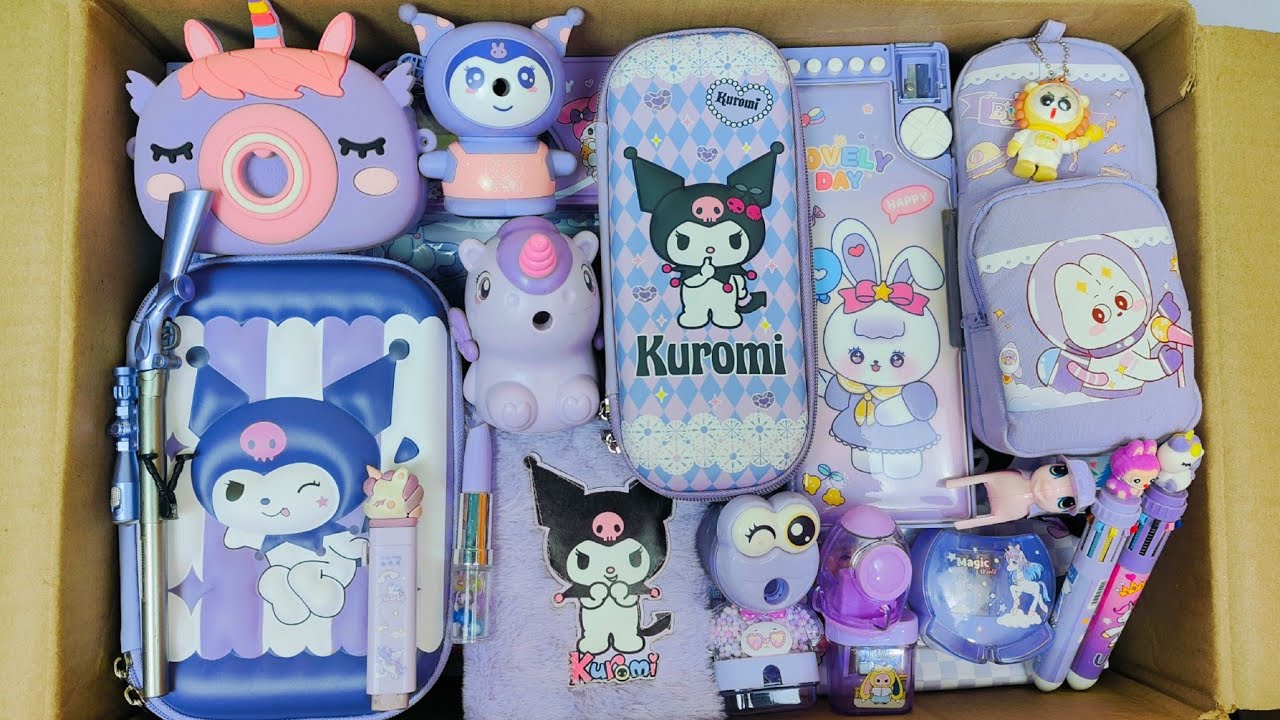 Unboxing Kuromi & Purple Stationery📚 Geometry Box, Pencil Box, Colour, Sharpener, Pen, Dairy, Eraser