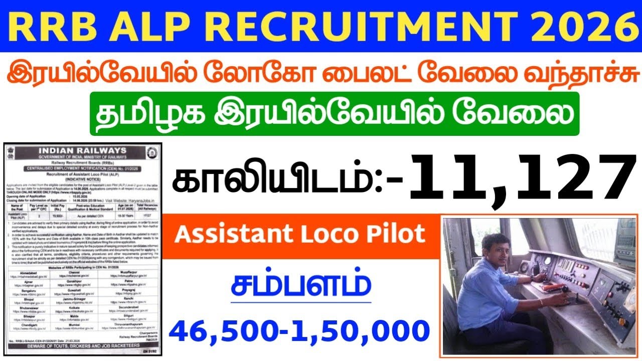 💥RRB ALP Recruitment 2026 Tamil | 11,127 காலியிடம் | 1 லட்சம் வரை சம்பளம் | Assistant Loco Pilot Job