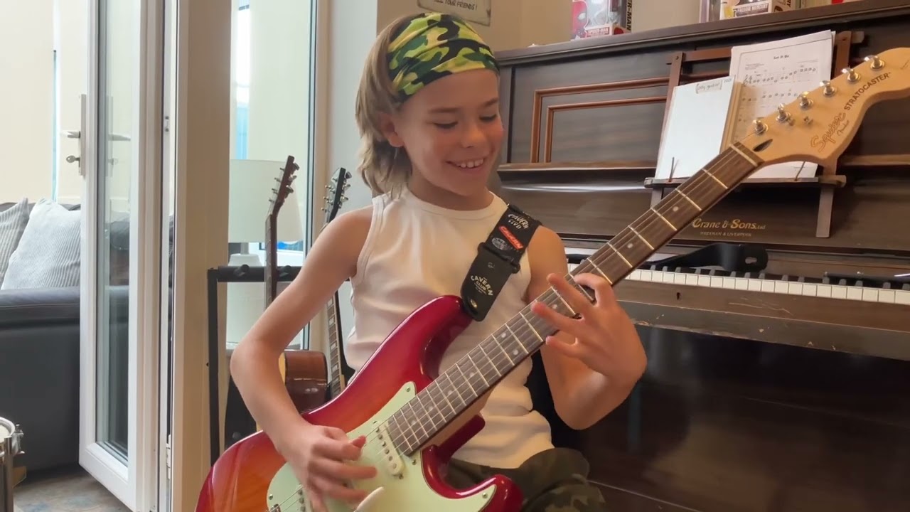 Funny guitar practice - 9 year old Olly & grandad - awesome Shadows, Pirates of Caribbean, Beatles