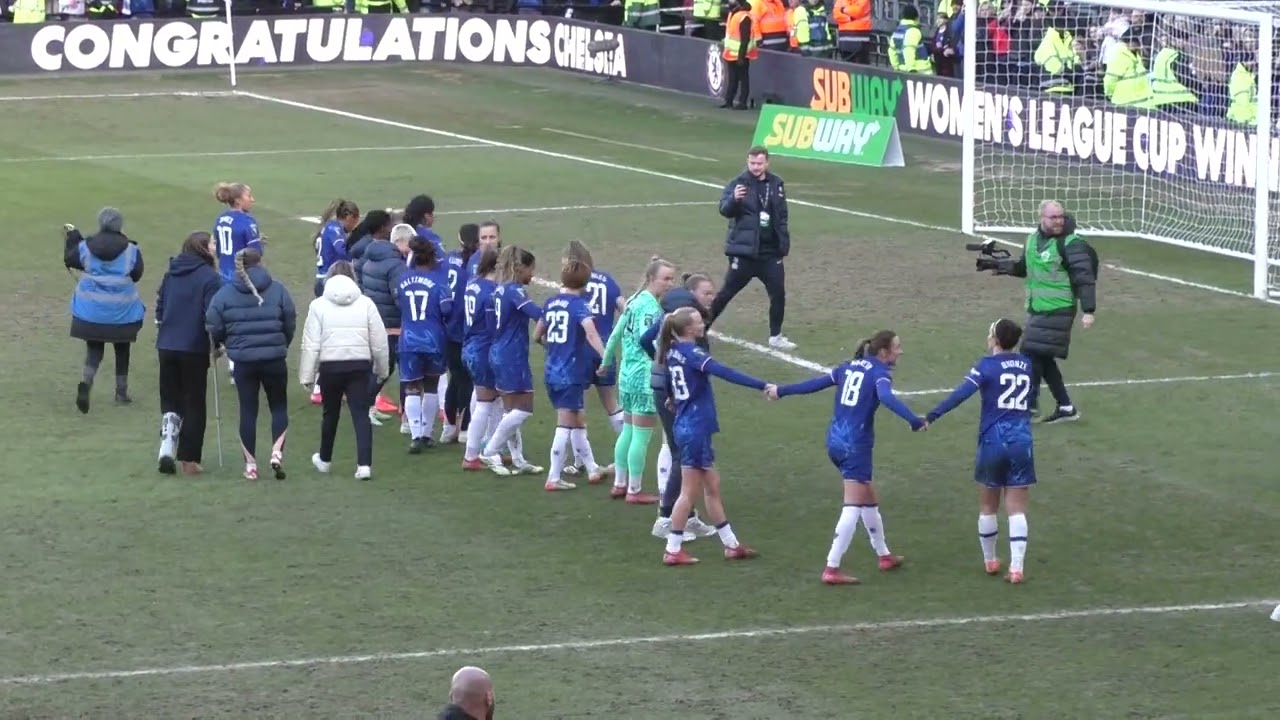 Chelsea celebrates with the fans after winning the Subway Women's League Cup 2025!