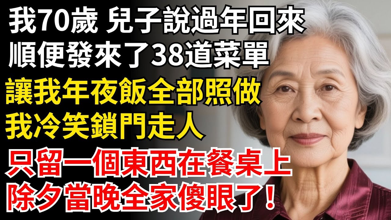 我70歲 兒子説過年回來，順便發來了38道菜單，讓我年夜飯全部照做，我冷笑鎖門走人，除夕當晚全家傻眼了！#晚年生活#中老年生活#為人處世#生活經驗#情感故事