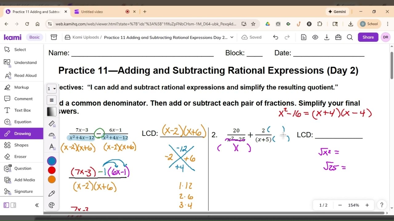 Practice Adding and Subtracting Rational Expressions (Day 2)
