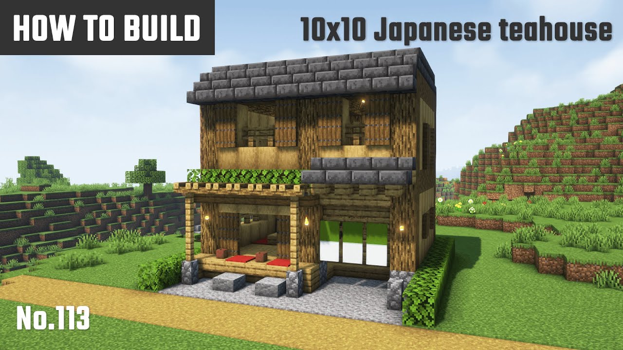 マイクラ和風建築：暖簾と縁側のある小さな茶屋の作り方。10x10ブロックで簡単に。No.113【Minecraft】
