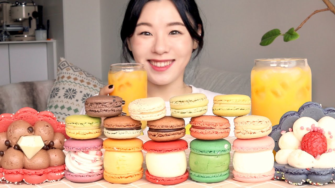 SUB) ASMR Макарон Мукбанг 🍭 Десерт Поедание Звуков Шоколад Клубника Зеленый чай Жирная скорлупа